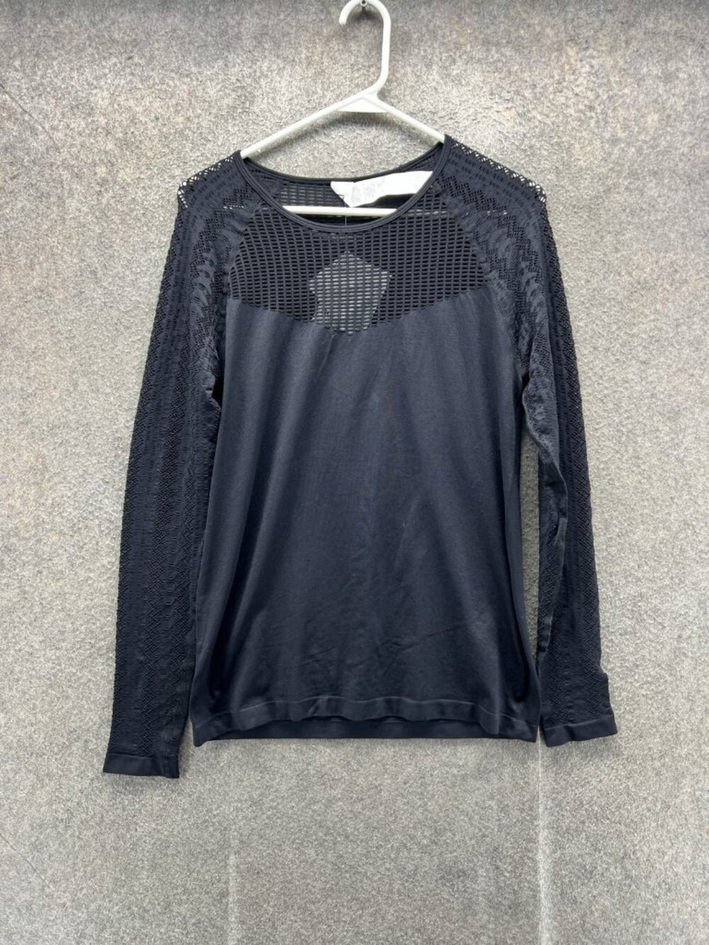 Fabletics Shirt Womens Large Black Crew Neck Long Sleeve Mesh Sheer Athletic